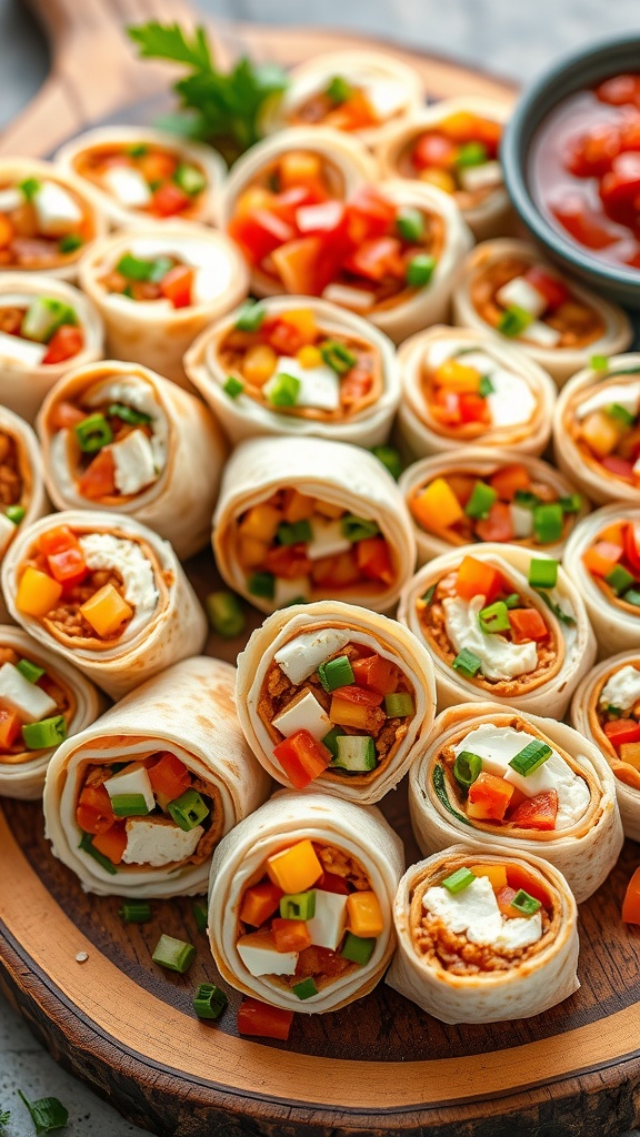 A platter of sliced savory appetizer wraps filled with cream cheese and veggies, served with salsa.